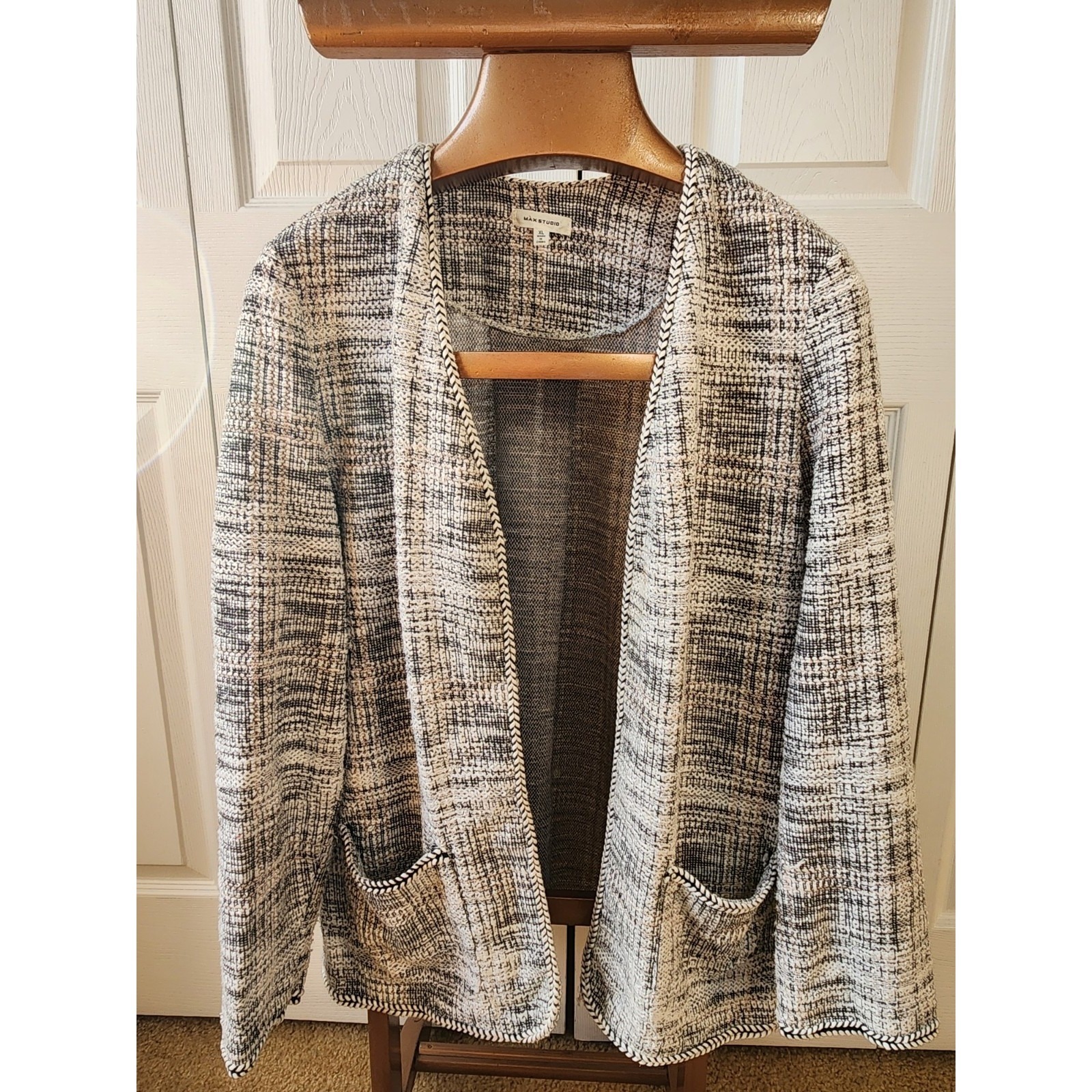 Max Studio Black White Tweed Knit Open Front Cardigan Jacket Xl 9706k23